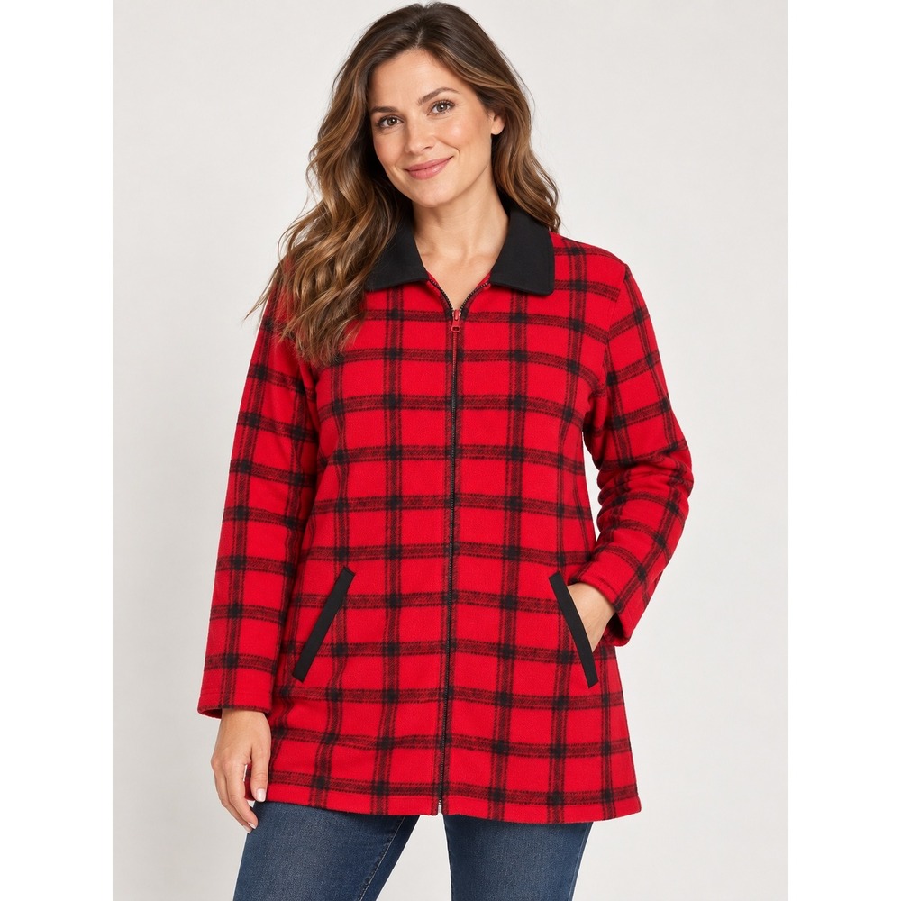 Denim & Co Red Black Plaid Fleece Full Zip Jacket Large A44242 Contrast Collar